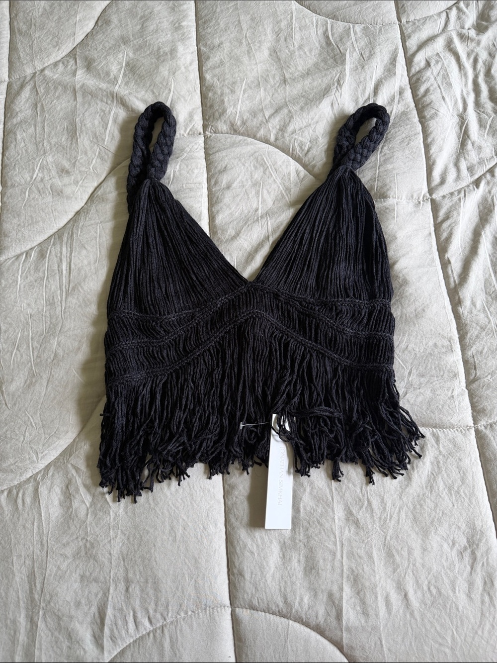 Jonathan Simkhai Black Crochet Fringe Crop Top